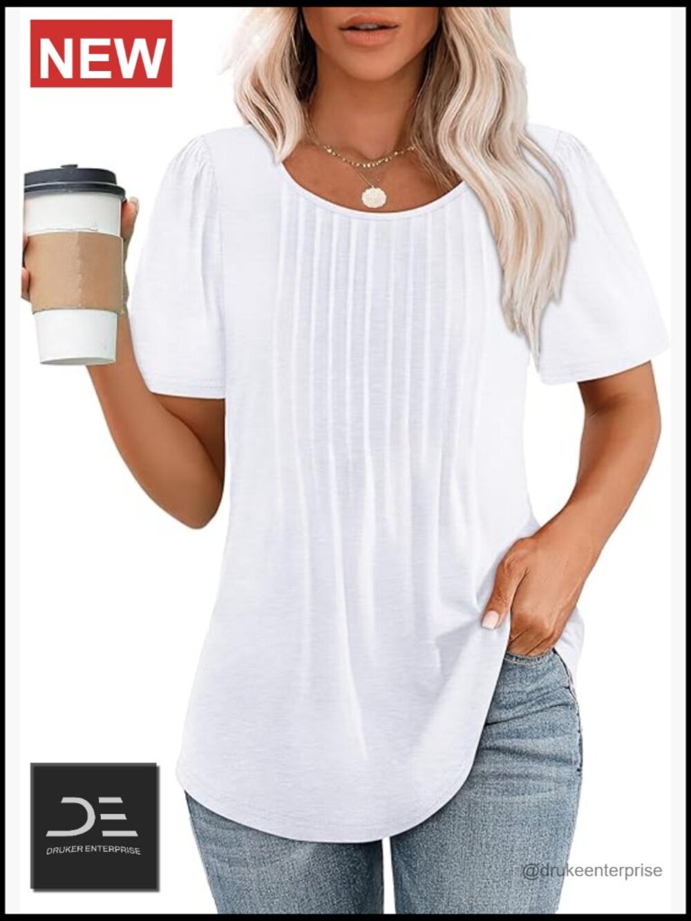 Short Sleeve Pleated Scoop Neck Dressy Casual Summer Tops Blouses